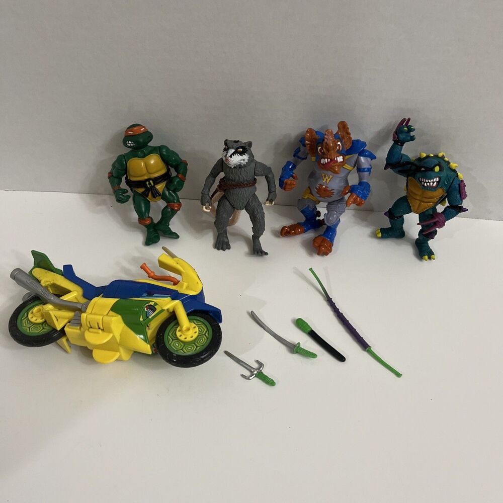 Vintage 90s TMNT Lot Michelangelo Splinter Wingnut Slash + Motorcycle